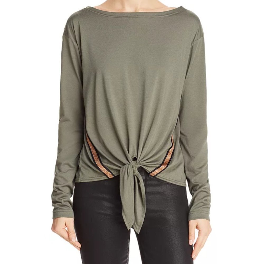 Honey Punch Front Tie BoatNeck Drop Shoulders Long Sleeves Metallic Stripes S